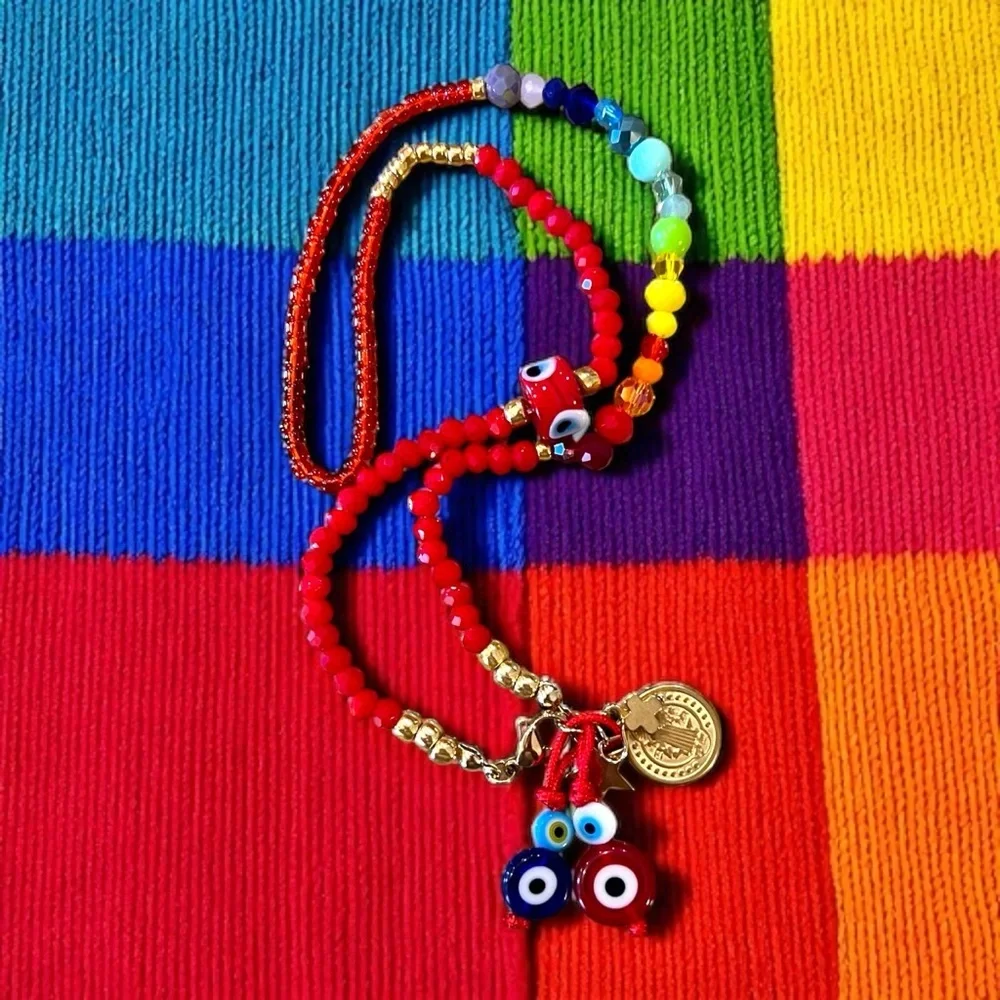 Vibrant Red Hand Beaded Rainbow and Evil Eye Protection Necklace 16”